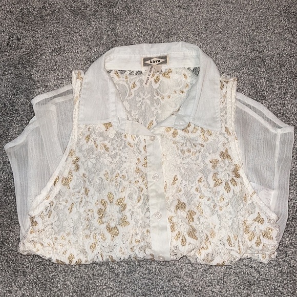sheer top with gold and white lace button up collared top - Picture 5 of 5